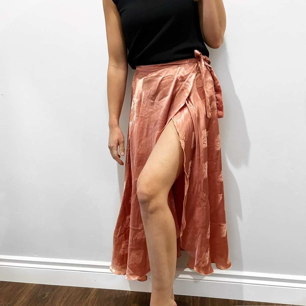 Vintage Coral Satin Midi Skirt
